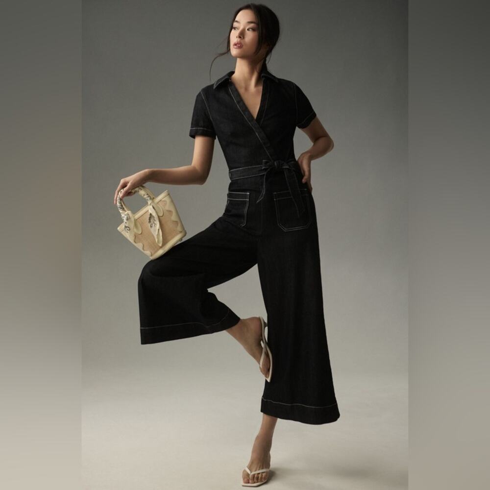 Maeve Wrapped Culotte Jumpsuit: Ponte Edition | Black | Size 6 | Anthropologie - Picture 13 of 16
